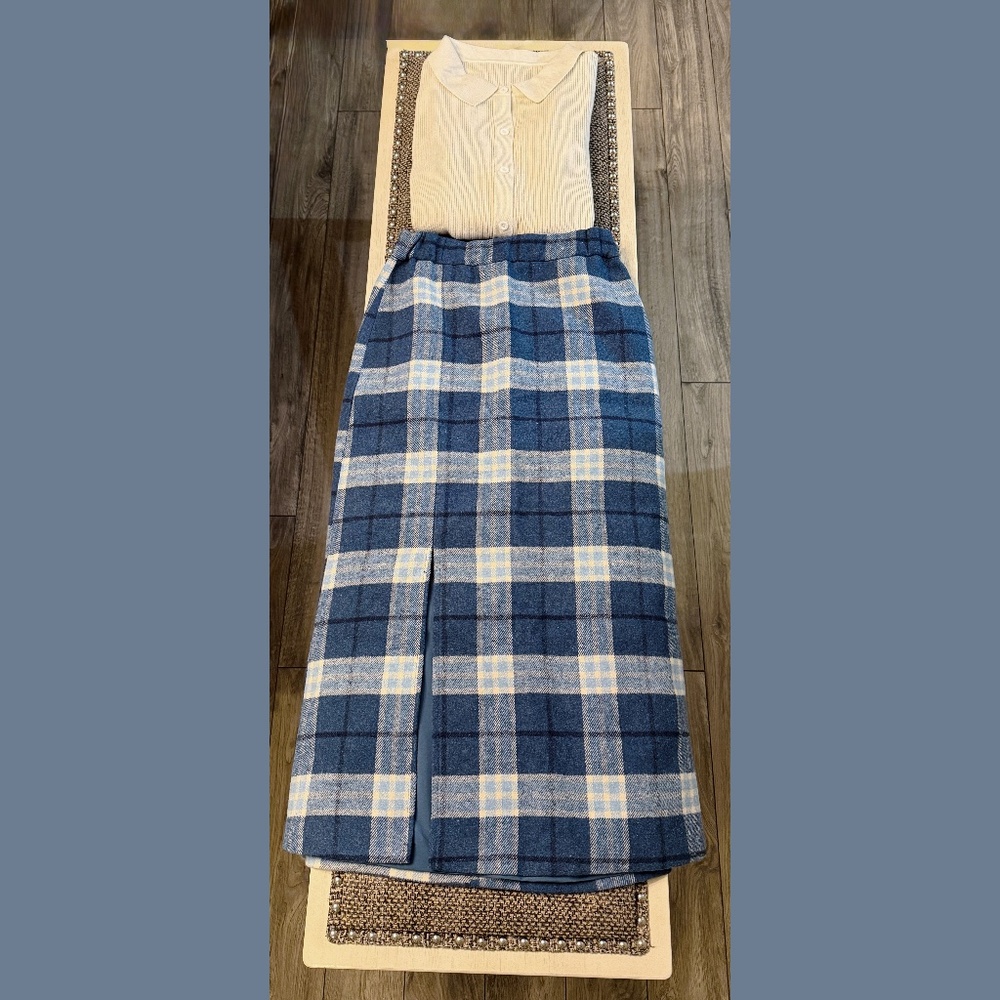 75% OFF! Long Plaid Skirt with Elastic Waist, Front Slit, Blue Checkered Design